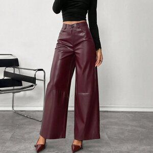 Burgundy Elegant Women's faux Leather Minimalist Plain Front-Button Pants